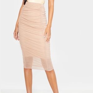 Pretty Little Thing Camel Ruched Midi Skirt